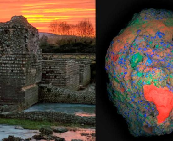 Right; A large-area elemental map of a 2 cm fragment of ancient Roman concrete showing a calcium-rich lime clast (in red), which is responsible for the unique self-healing properties in this ancient material. Left; The archaeological site of Privernum, Italy where the sample was collected. Source: Masic et al./MIT News Office