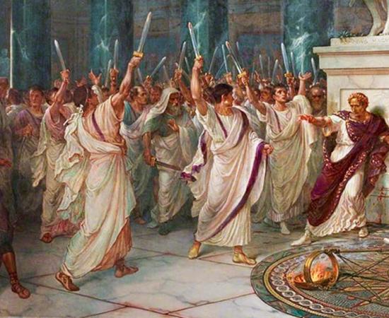 The assassination of Julius Caesar by William Holmes Sullivan (1836-1908).	Source: Public Domain