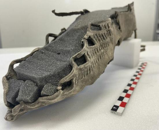 The remains of the ancient Roman sandal found on the “thawing” Lendbreen ice patch, which has yielded numerous unusual artifacts, including the world’s oldest ski, over the last few years.					Source: Arkeonews