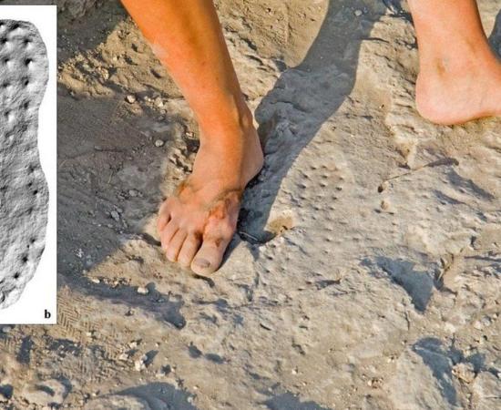 The Roman hob-nailed boot print on the ground and a 3D scan of it 