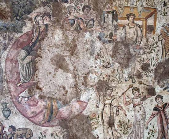 The 1,500-year-old Roman mosaic depicting people enjoying a pre-hunt party. Source: DHA