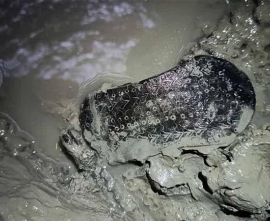 The Roman sandal in situ, discovered in Lugo de Llanera, Asturias.      Source: Esperanza Martin/Astures