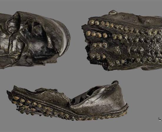 Roman shoes discovered in the canal of the River Lys during the excavation of Thérouanne (Pas-de-Calais) in 2023.      Source: © Dominique Bossut, Inrap