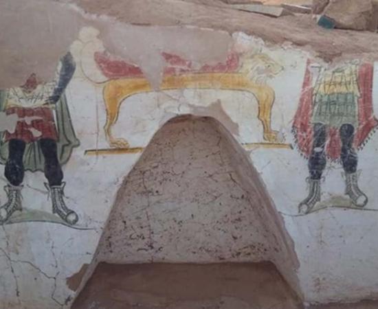 Detail of a mural around a niche in one of the Roman tombs found at Beir Al-Shaghala archaeological site in Egypt’s Dakhla Oasis.