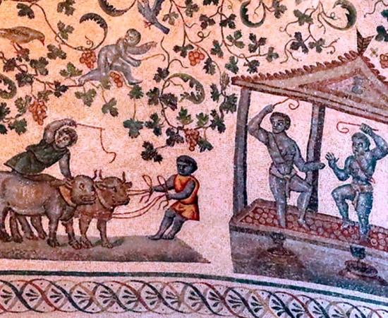 Roman mosaic illustrating a winemaking scene from the fourth century AD at Santa Costanza, Rome. Source: Jean Louis Mazieres/ CC BY-NC-SA 2.0