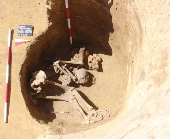 Excavation of a probable Roman soldier buried in a shallow pit within the Roman marching camp discovered near Šurany, Slovakia.