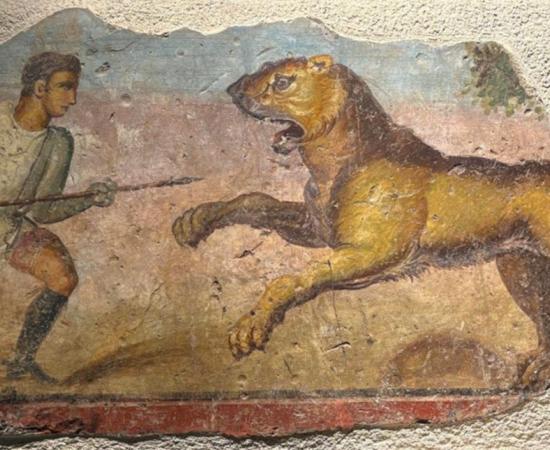 Roman animal spectacle mural painting including a hunter with a lion.