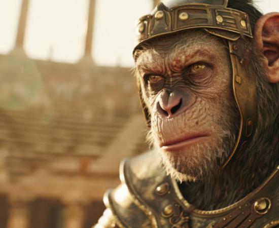 Monkey dressed in Roman asrmor in an amphitheater.