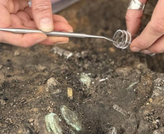 Release and withdrawal of the monetary deposit from the Roman bustum burial at Lamonzie-Saint-Martin, Dordogne, France.