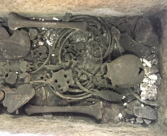Interior of the Westminster Abbey sarcophagus holding the skeletal remains prior to in situ cleaning.   
