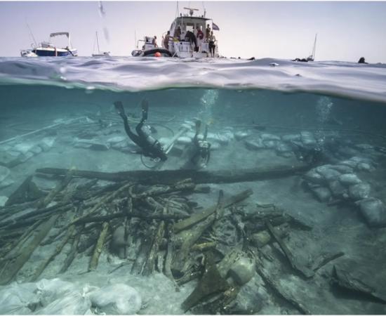 View of the excavation of the bow area of the Ilovik-Paržine 1 shipwreck, showing the cargo of logs and amphorae.