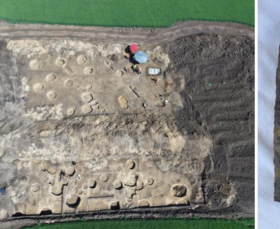 Left; Aerial view of the excavation site along the planned Moravian Gate high-speed railway route, Right; The 2,000-year-old Roman calibration plate.