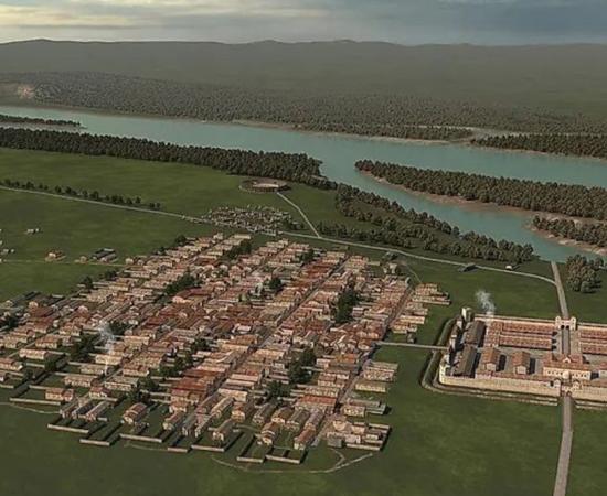 Aerial view reconstruction of how the Roman town would have appeared