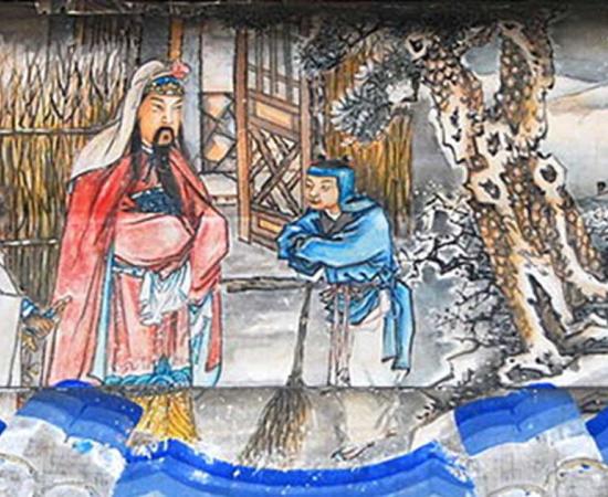 "Three visits to the thatched cottage" (三顧茅廬), the second visit is depicted here. Portrait at the Long Corridor of the Summer Palace, Beijing. This is a scene from the Romance of the Three Kingdoms.