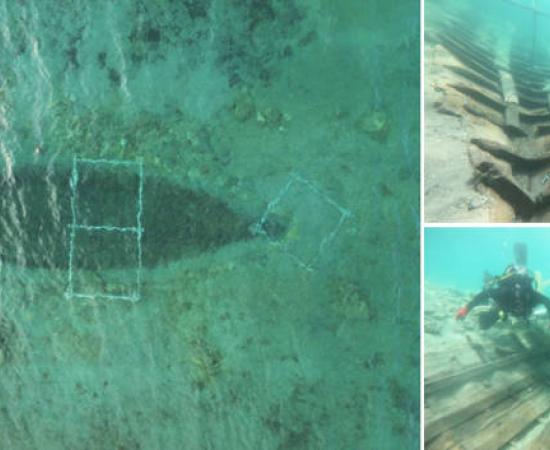 Aerial image of the wreck, and images of marine archaeologists at the wreck.