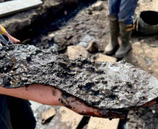 Remains of the large shoe recovered at the Magna Roman Fort site, England.