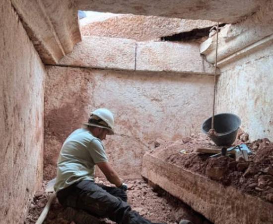 Archaeologists excavating Albania's first monumental Roman tomb.
