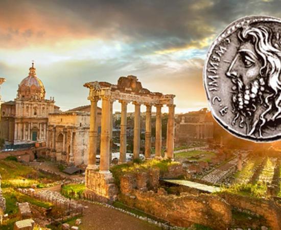 Ruins of Roman Forum in Rome, Italy during sunrise. (twindesigner /Adobe Stock) Insert: Denarius featuring the laureate, long-haired, and bearded head of Quirinus (Romulus).