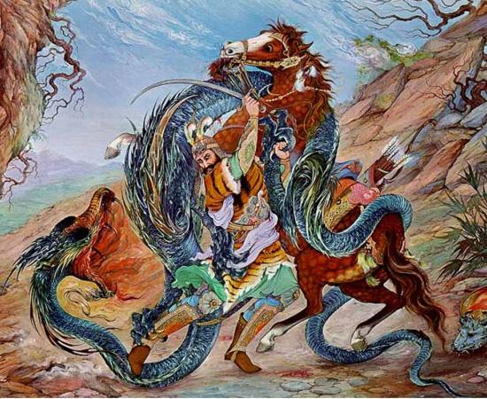 Rostam the hero fighting the Dragon in the Seven Quests of Rostam. Iranian miniature illustration from Shahnameh 