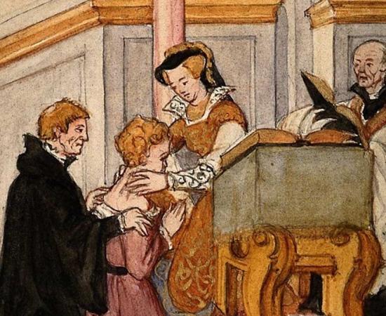 Queen Mary applies the Royal Touch to cure scrofula. Source: M S Lapthorn / Public Domain.