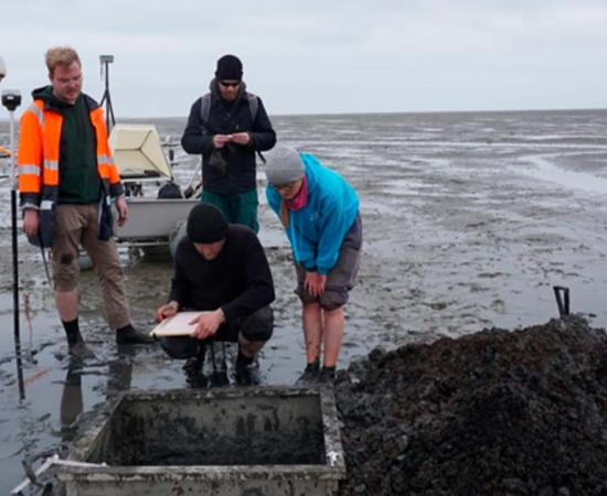 A special metal frame allows archaeological digs of one square meter in the area the Rungholt church has been detected on the tidal flats. Source: Universitaet Mainz