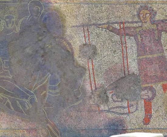 Panel three of the Rutland Mosaic showing King Priam loading scales to match the weight of his son Hector