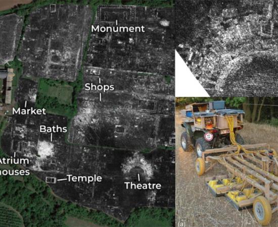 A slice of ground penetrating radar data from Falerii Novi, revealing the outlines of the town’s buildings; Falerii Novi temple; GPR system.            Source: L. Verdonck / Antiquity Publications