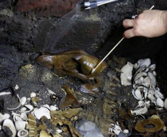 Alejandra Molina, an archaeologist with the National Institute of Anthropology and History (INAH), works at a site where a sacrificed young wolf elaborately adorned with some of the finest Aztec gold has been discovered adjacent to the Templo Mayor, one of the main Aztec temples, in Mexico City, Mexico. 