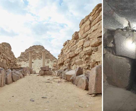 View of the Sahure pyramid from the outside at Abusir, Egypt. Right; Dr. Mohamed Khaled, project leader, during the excavations in the Sahure pyramid.           Source: Mohamed Khaled / Uni Würzburg, Sailingstone Travel/Adobe Stock