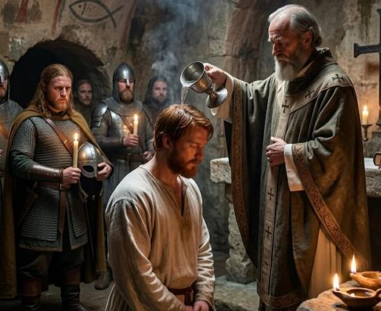 Olaf Haraldsson's solemn baptism in an ancient Rouen crypt. He kneels as an elderly bishop pours sacred water, a moment of profound transformation. Loyal Viking and Norman warriors witness the shift from a warrior's sword to a Christian's cross.