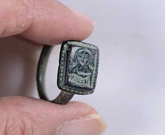 The ring found by gardener Dekel Ben-Shitrit thought to depict St. Nicholas with a bishop's crook. 