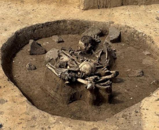 Sacrificial pit of the Salzmünde Culture at Gerstewitz, containing dog bones, a human skull, charred house wall remains, and a horn core.