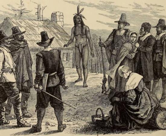 Artistic representation of Samoset's historic first meeting with Plymouth colonists.