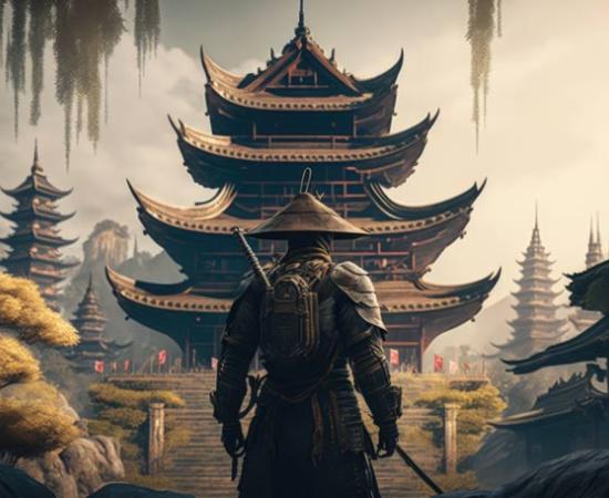 Samurai and oriental temple in the background, samurai with armor, Generative AI Source: Kaleb/Adobe Stock 