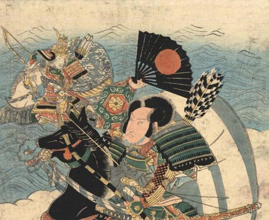 Detail of ‘The warriors Kumagai Naozane and Taira no Atsumori.’ One of the warriors is brandishing a Japanese war fan called a Tessen.