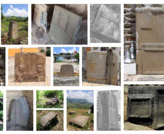 A photo composition of the nearly 14 known megalithic stone slabs from the site of San Miguel Ixtapan. 	Source: Marco M. Vigato