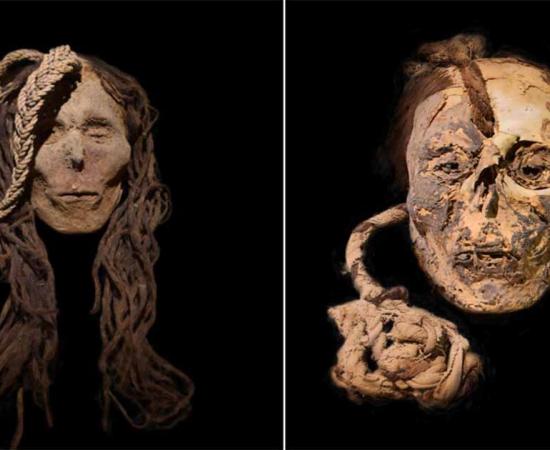 Trophy heads from Nazca, with the child found to have consumed psychoactive drugs.           Source: D. Socha / Journal of Archaeological Science