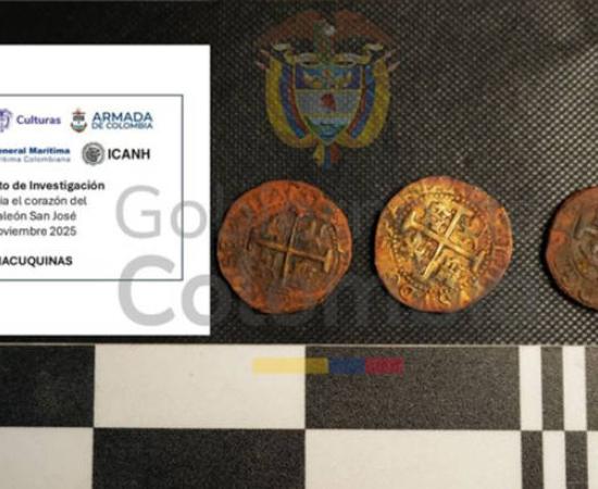 Three gold coins recovered from the San Jose wreck site.