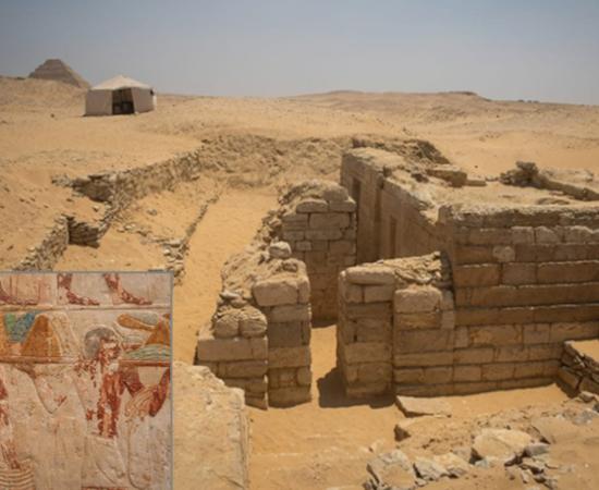  The Fifth-Dynasty mastaba tomb found at Saqqara in 2026, with inset, one of the painted reliefs.  