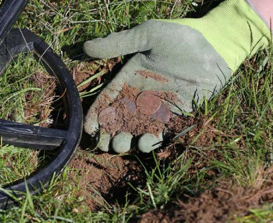 A metal detectorist finds coins (representational image). Credit: sablin / Adobe Stock