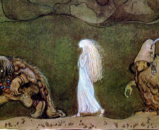 Painting by John Bauer of two trolls with a human child they have raised