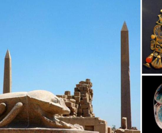 Colossal scarab beetle sculpture at Karnak; Winged scarab of Tutankhamun ;  Steatite lion hunt scarab of Amenhotep III 