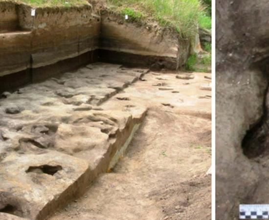 Fossil footprints from the Schöningen Paleolithic Site, and a close up of a suspected hominin footprint. Source: ©Senckenberg/Tuebingen University