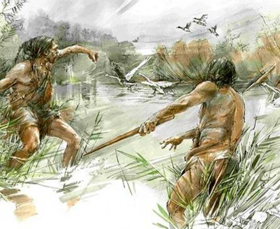 Artistic reconstruction showing how throwing sticks like the Schöningen Spears would have been thrown.	Source: Benoit Clarys, Universität Tübingen/CC0