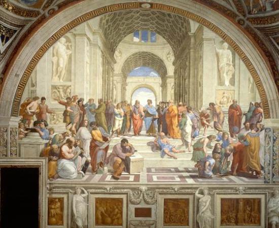 School of Athens, Aristotle depicted in the center of the painting, to the right of Plato