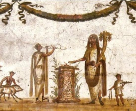 Ritual sacrifice of a pig being carried out in the Roman empire.