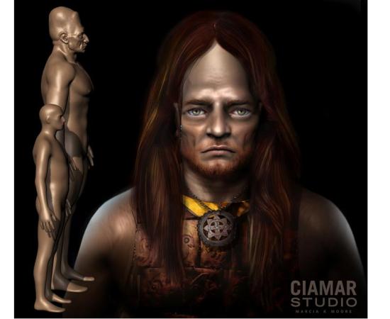 3d Digital Sculpture of Giant with hair, copper breastplate, and gorget. Image courtesy of Marcia K. Moore, Ciamar Studio. 