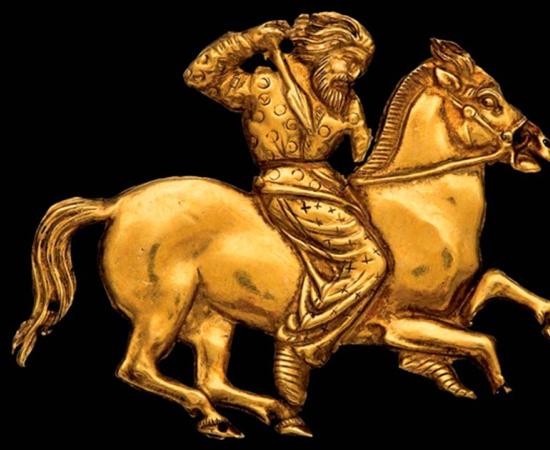 Scythian gold plaque depicting a Scythian rider with a spear. Source: Public domain