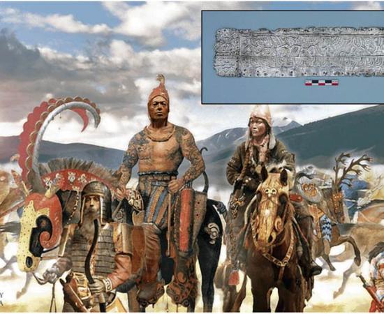 Main: Scythians. Credit: Simeon Netchev (CC by NC SA). Inset: The silver Scythian plate Credit: RAS Institute of Archaeology
