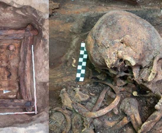 The Scythian woman’s skull found in a new Siberian burrow tomb at the famous “Siberian Valley of the Kings,” and her large crescent shaped gold neck ornament clearly visible along with another gold item just below her upper jaw.		Source: Igor Pieńkos / Science in Poland